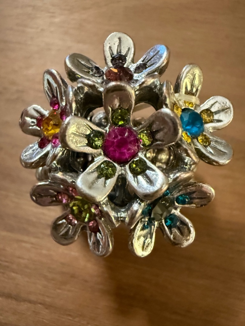 Silver Floral Cluster Ring with Multicolor Rhinestones
